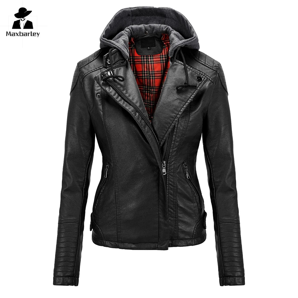 Women’s Vintage Hooded Faux Leather Jacket – Slim-Fit Detachable PU Motorcycle Coat