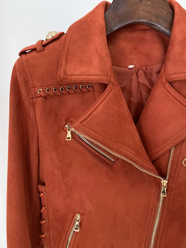Women's 2024 F/W High Street Designer Biker Jacket – Faux Suede with Rope Lace-Up Detail, Beaded Logo & Edgy Motorcycle Style