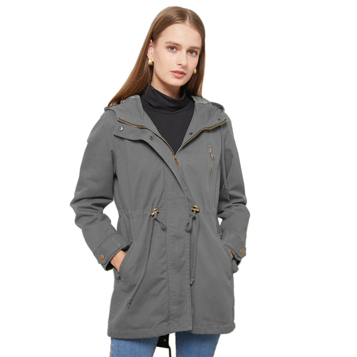 Burgundy Women Hooded Jacket, Green Long Sleeves Windproof Jackets