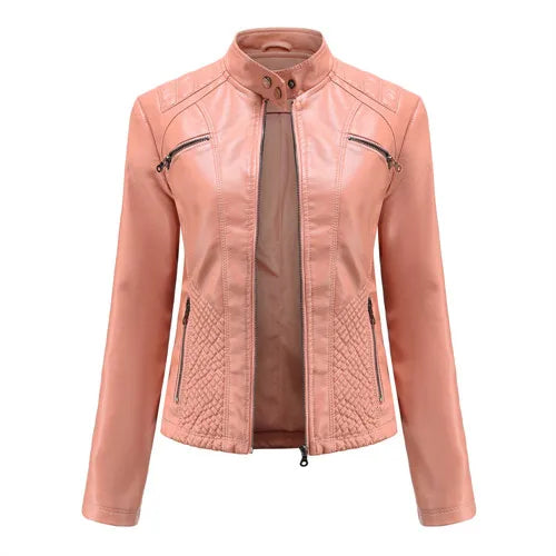 Women’s Lavender PU Leather Motorcycle Jacket – Long Sleeve Fashion Outerwear