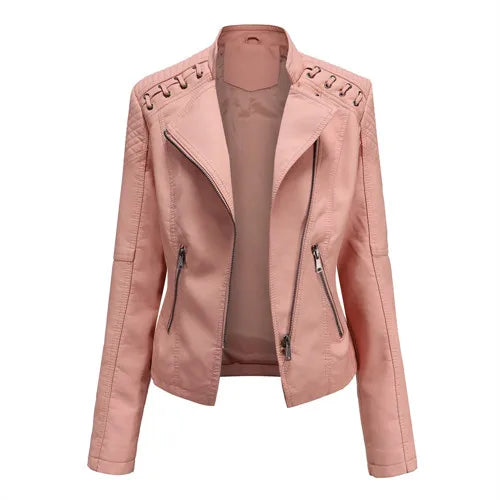 Women’s 12-Color PU Leather Jacket – Lapel Zip-Up Overcoat S–4XL