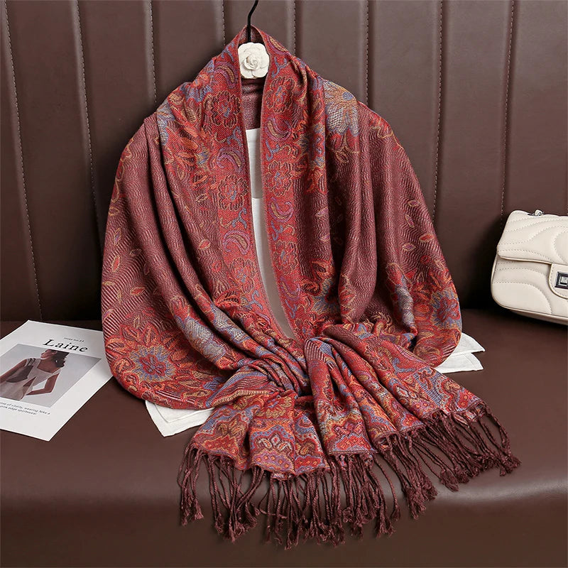 Women’s Paisley Cashmere-Feel Pashmina Shawl – Tassel Hijab Head Wrap & Winter Scarf 2025