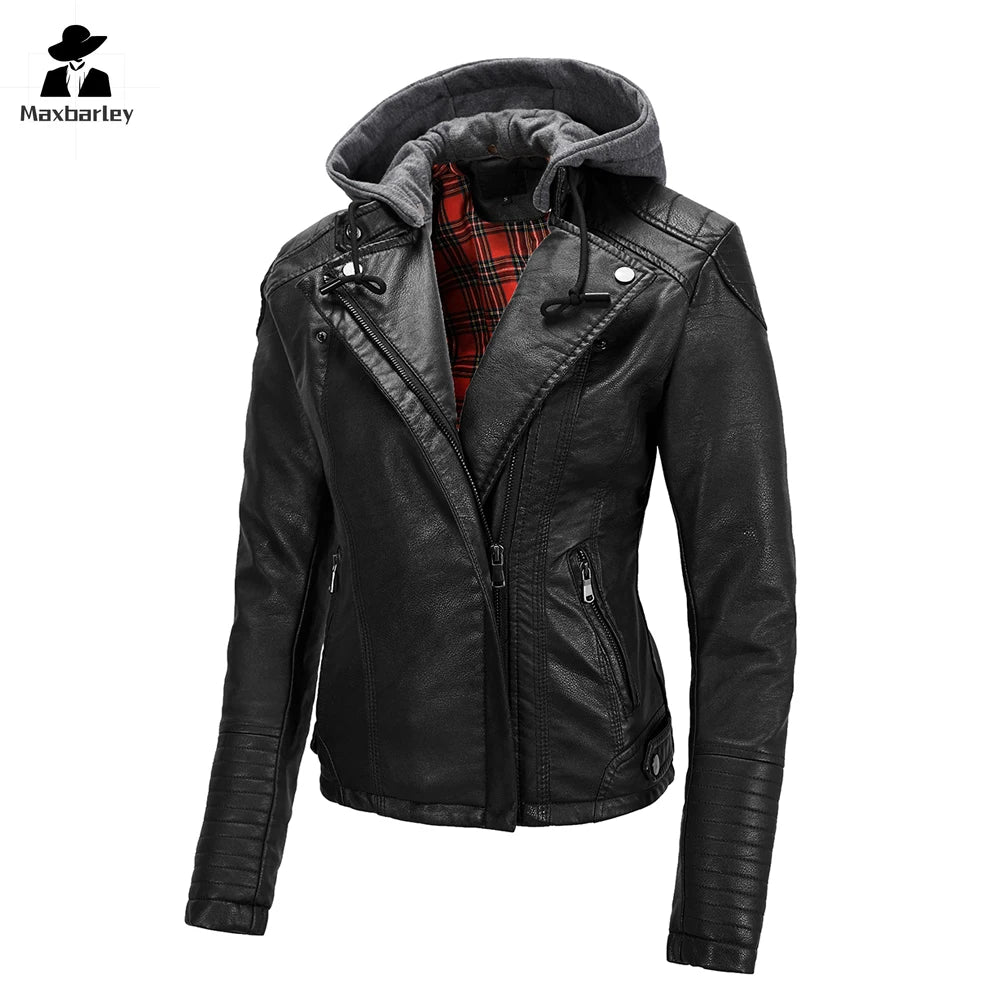 Women’s Vintage Hooded Faux Leather Jacket – Slim-Fit Detachable PU Motorcycle Coat