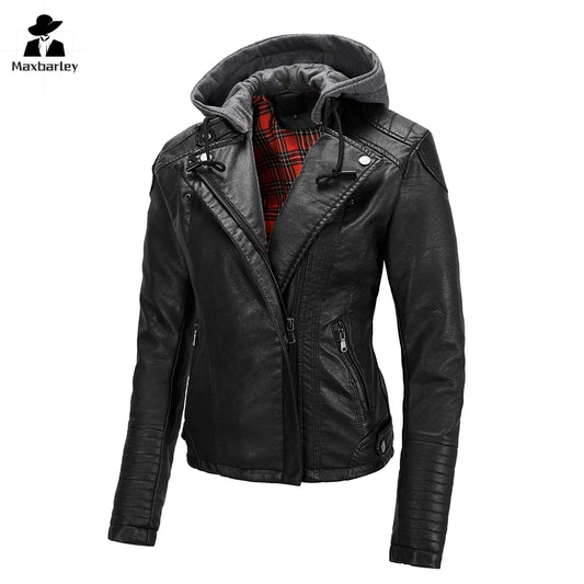 Women’s Vintage Hooded Faux Leather Jacket – Slim-Fit Detachable PU Motorcycle Coat