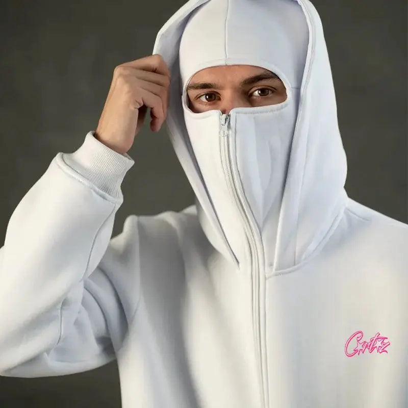 Men’s Balaclava Zip-Up Hoodie with Built-In Face Cover – Winter Warm Oversized Sports Jacket