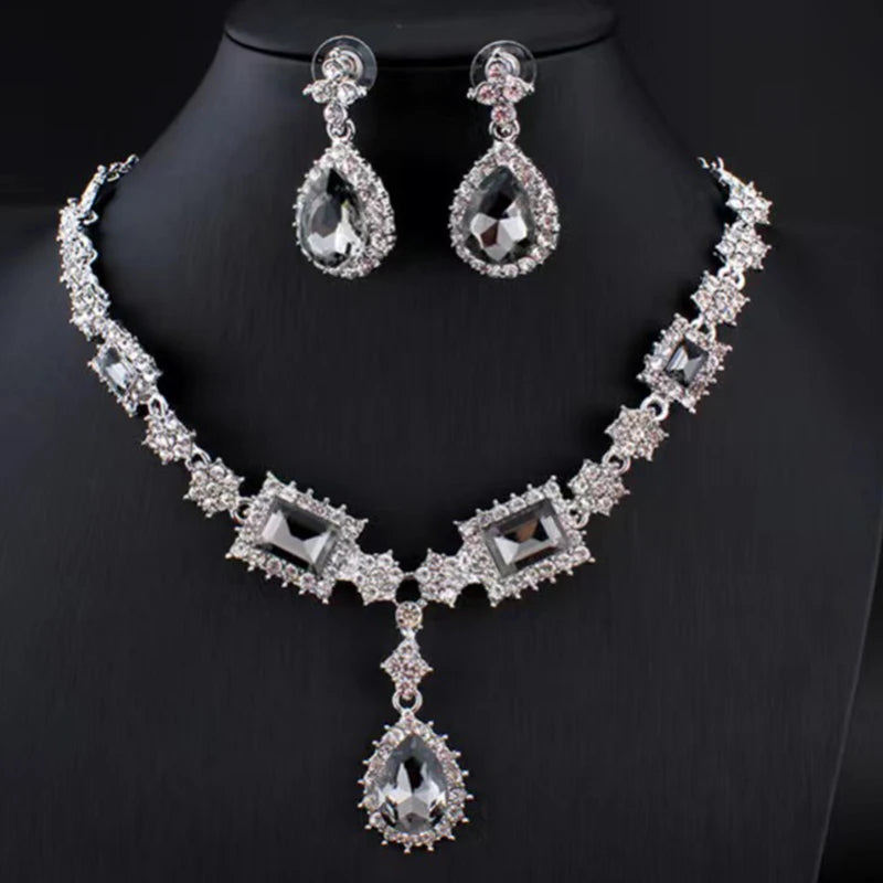 Wholesale Bridal Jewelry Set – Silver Plated Red, Green & Blue Crystal Rhinestone Drop Earrings & Luxury Wedding Necklace