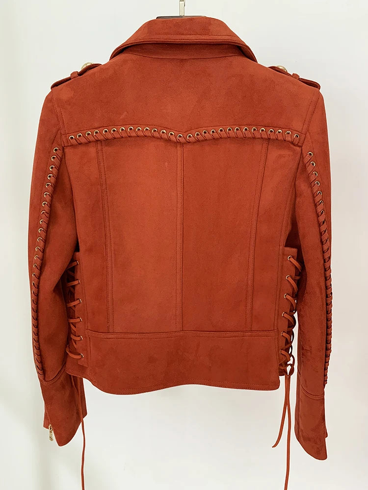 Women's 2024 F/W High Street Designer Biker Jacket – Faux Suede with Rope Lace-Up Detail, Beaded Logo & Edgy Motorcycle Style