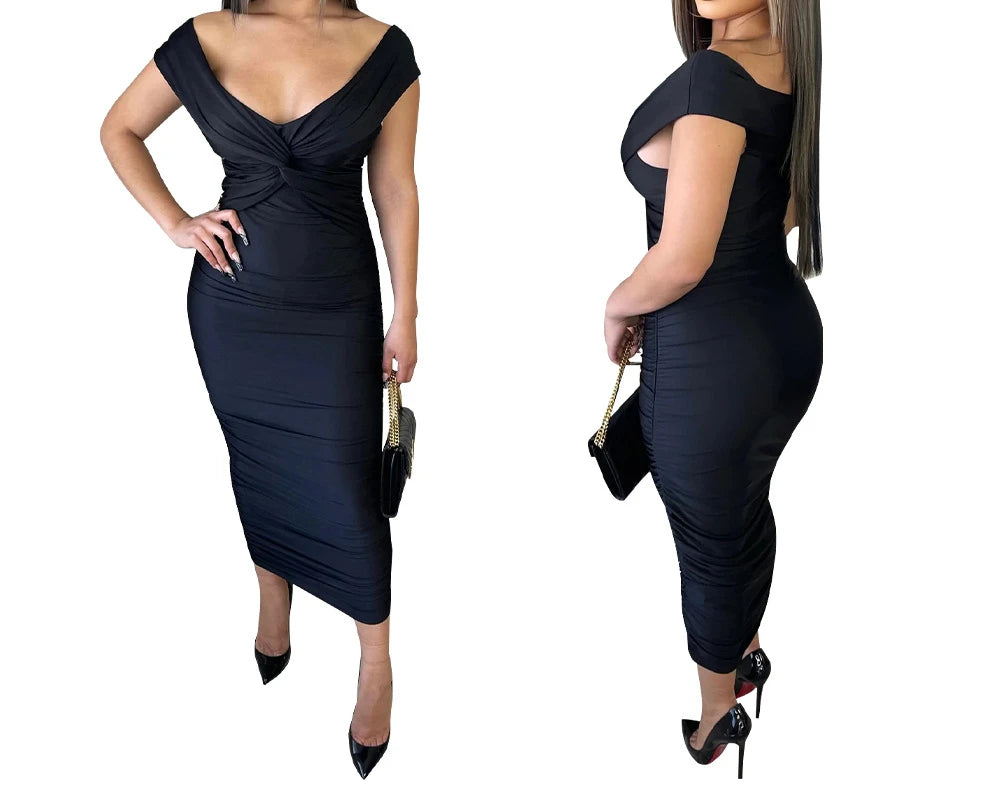 Women Evening Dresses V-neck Pleated Cocktail Elegant Party Dress