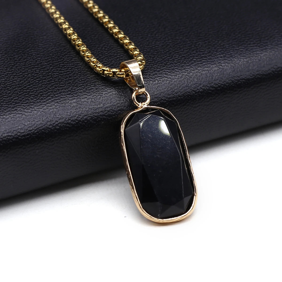 Natural Stone Aquamarine & Obsidian Hexagonal Pendant Necklace – Energy Crystal Jewelry Gift for Men & Women