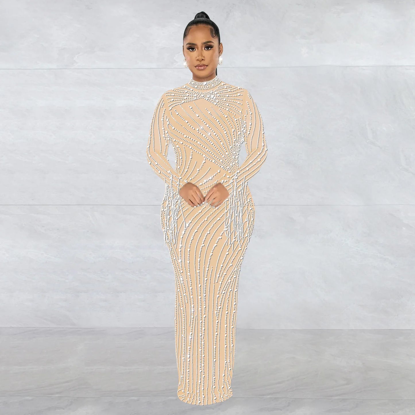 Sparkly Rhinestone Sheer Long Dress