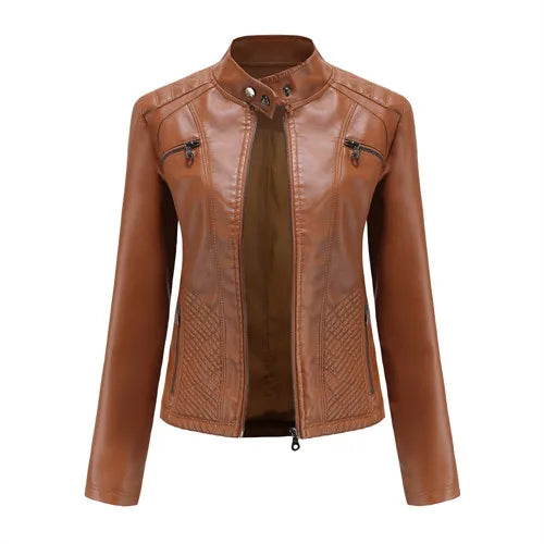 Women’s Lavender PU Leather Motorcycle Jacket – Long Sleeve Fashion Outerwear