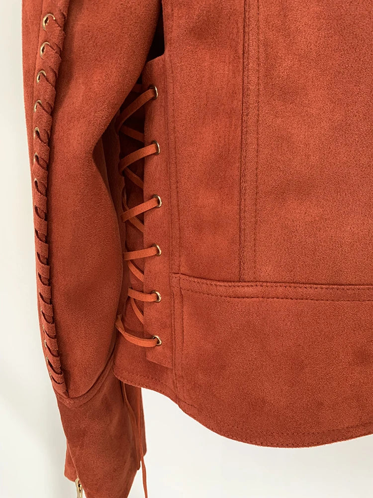 Women's 2024 F/W High Street Designer Biker Jacket – Faux Suede with Rope Lace-Up Detail, Beaded Logo & Edgy Motorcycle Style