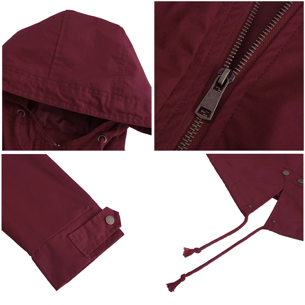 Burgundy Women Hooded Jacket, Green Long Sleeves Windproof Jackets