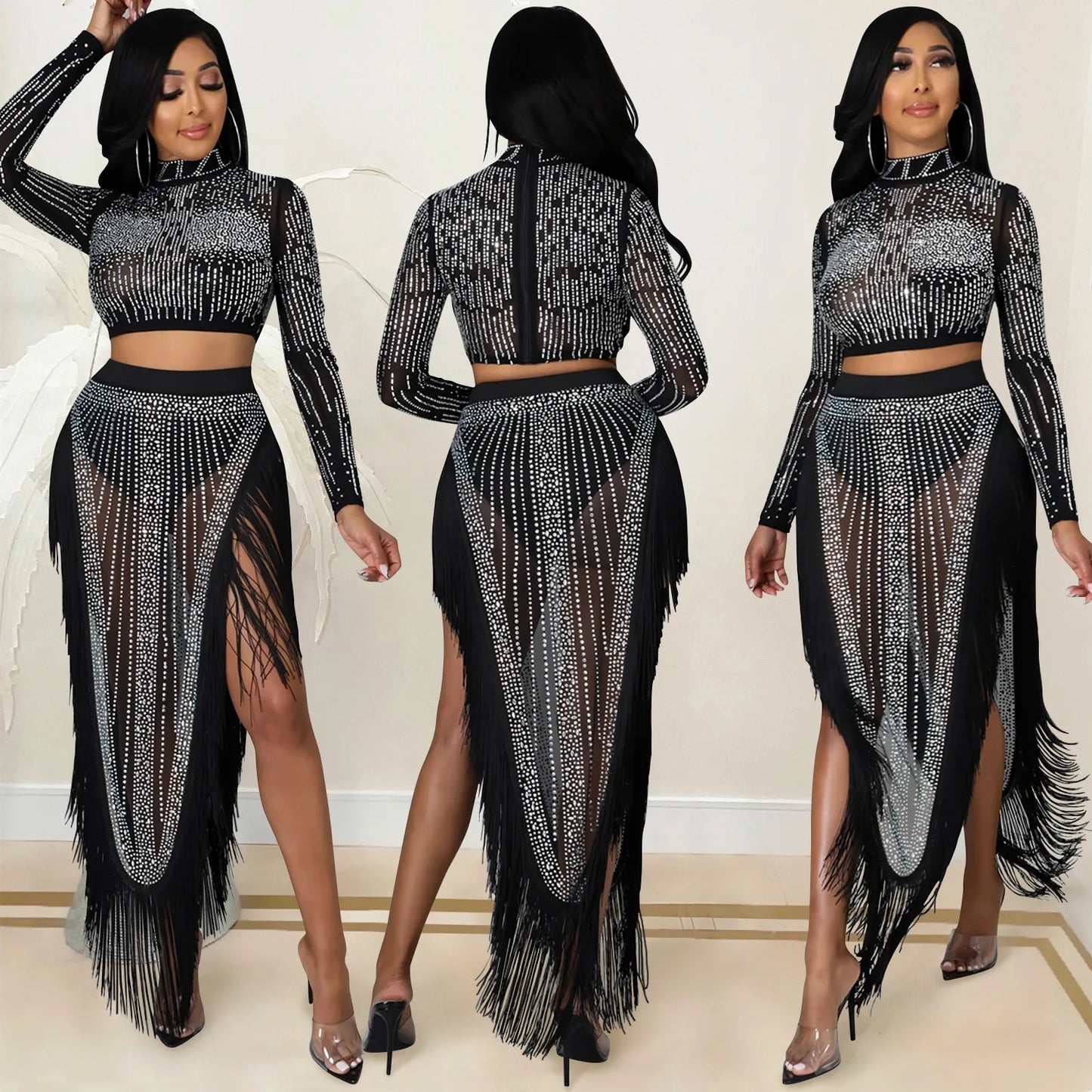 Skirt Set Women Two Piece Sets Dress Sets Mock Neck Matching Set Diamond Short Tops Party High Waist Long Skirts Sexy Hot Tassel