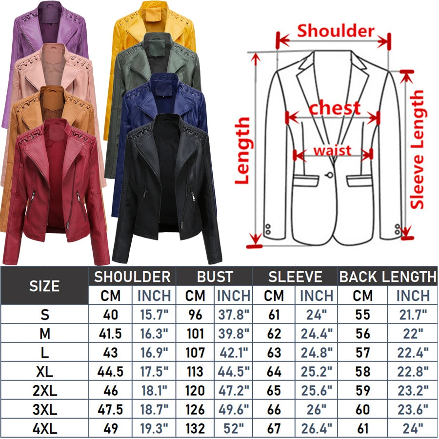 Women’s 12-Color PU Leather Jacket – Lapel Zip-Up Overcoat S–4XL