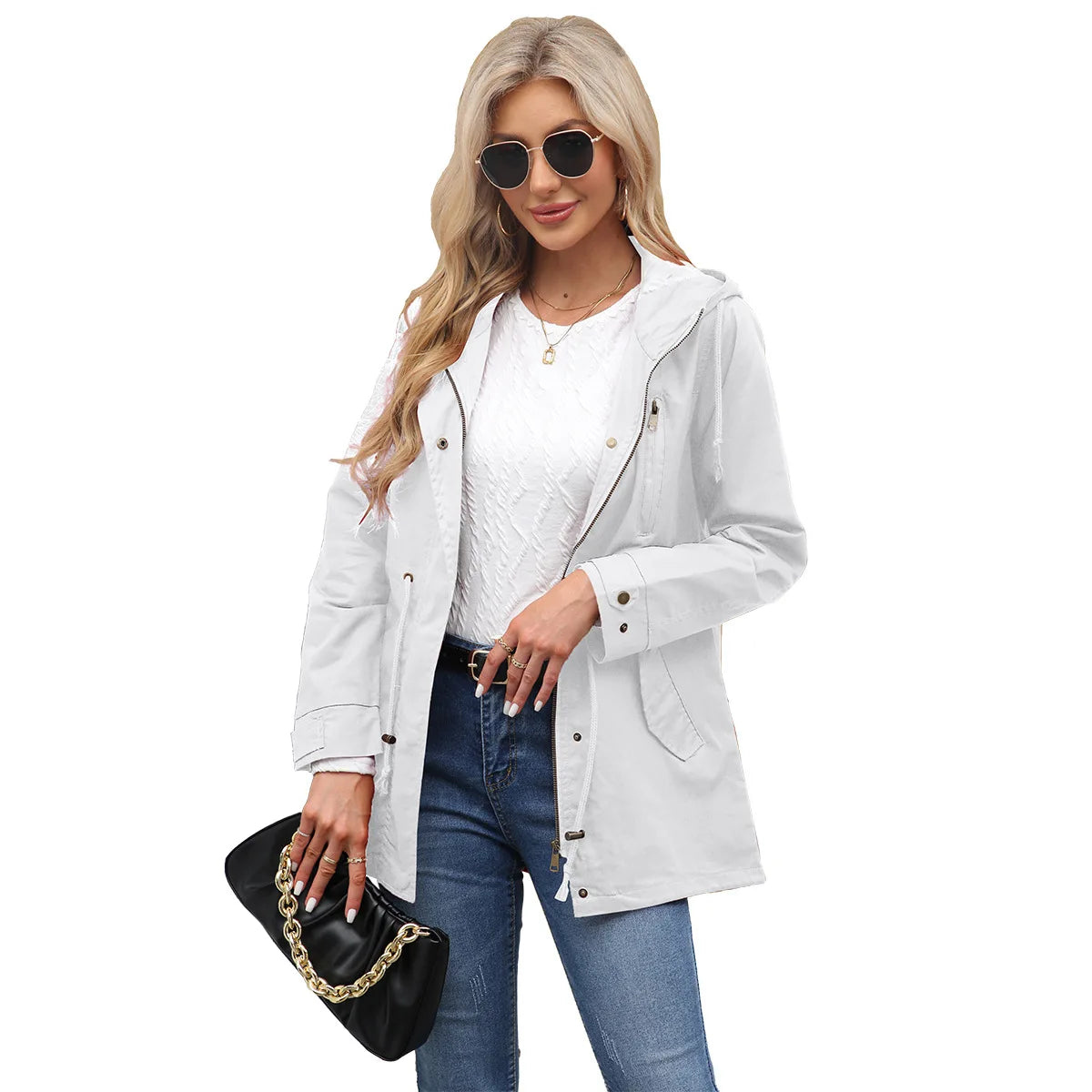 Burgundy Women Hooded Jacket, Green Long Sleeves Windproof Jackets