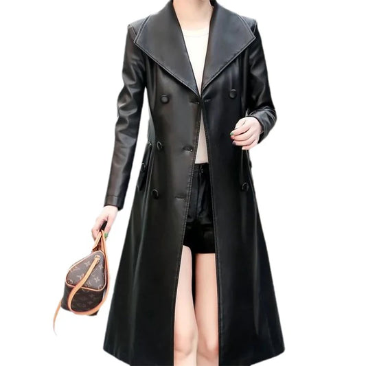 Lautaro Autumn Black Waterproof Pu Leather Trench Coat for Women Long Sleeve Belt Double Breasted Autumn Designer Fashion