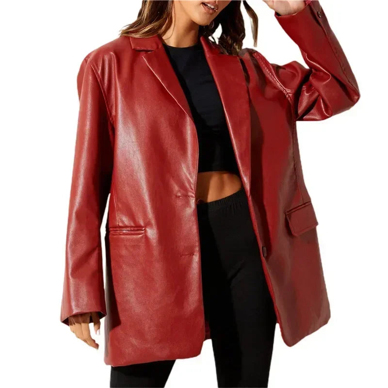 Women’s Vintage Faux Leather Blazer – Long Sleeve Streetwear Jacket with Flap Pockets