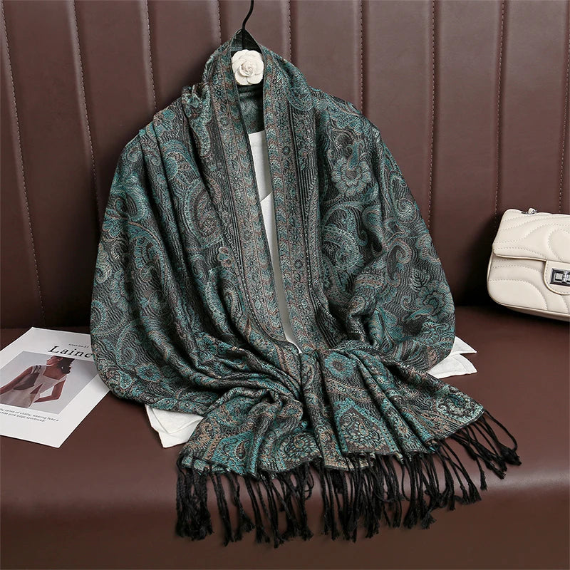 Women’s Paisley Cashmere-Feel Pashmina Shawl – Tassel Hijab Head Wrap & Winter Scarf 2025