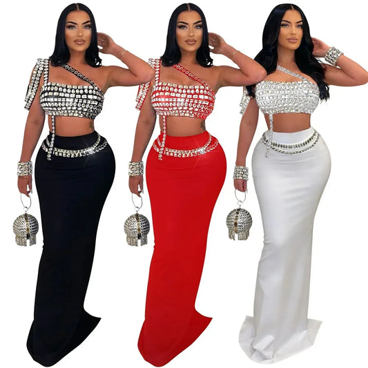 Women's Glam Two-Piece Dress Set – Diamond Camisole & Floor-Length Fitted Skirt | High Street Style for Evening & Party Nights