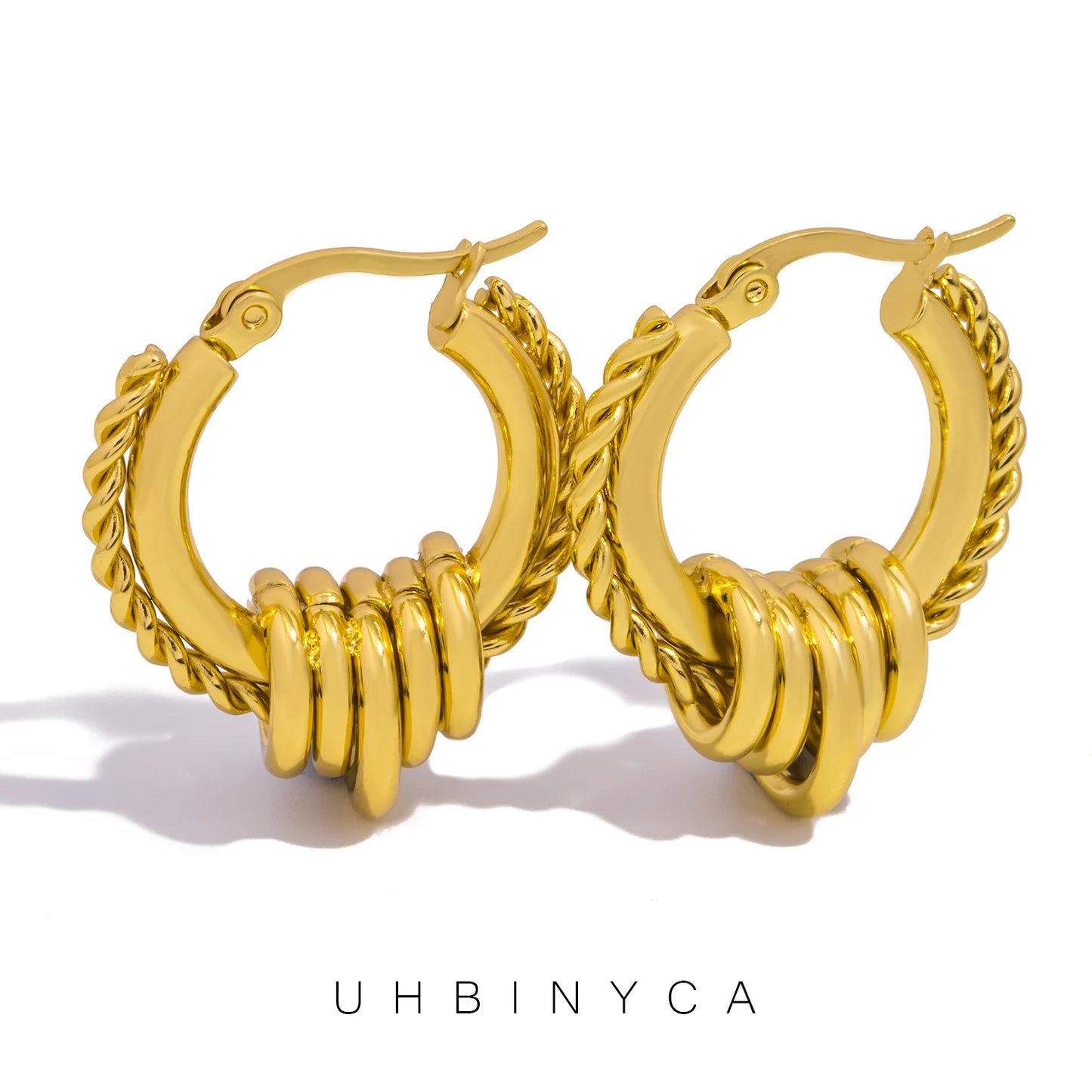 UHBINYCA Trendy Stainless Steel Multilayer Circle Twist Earrings – Gold Plated Statement Jewelry for Women