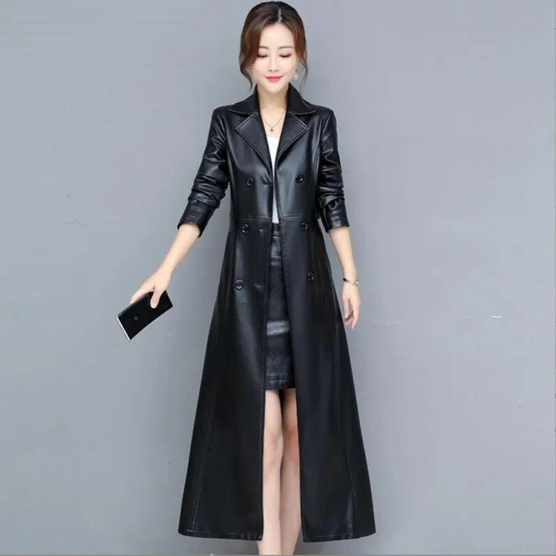 M–6XL Women’s Sheepskin Leather Long Coat – Double-Breasted Spring/Autumn Overcoat