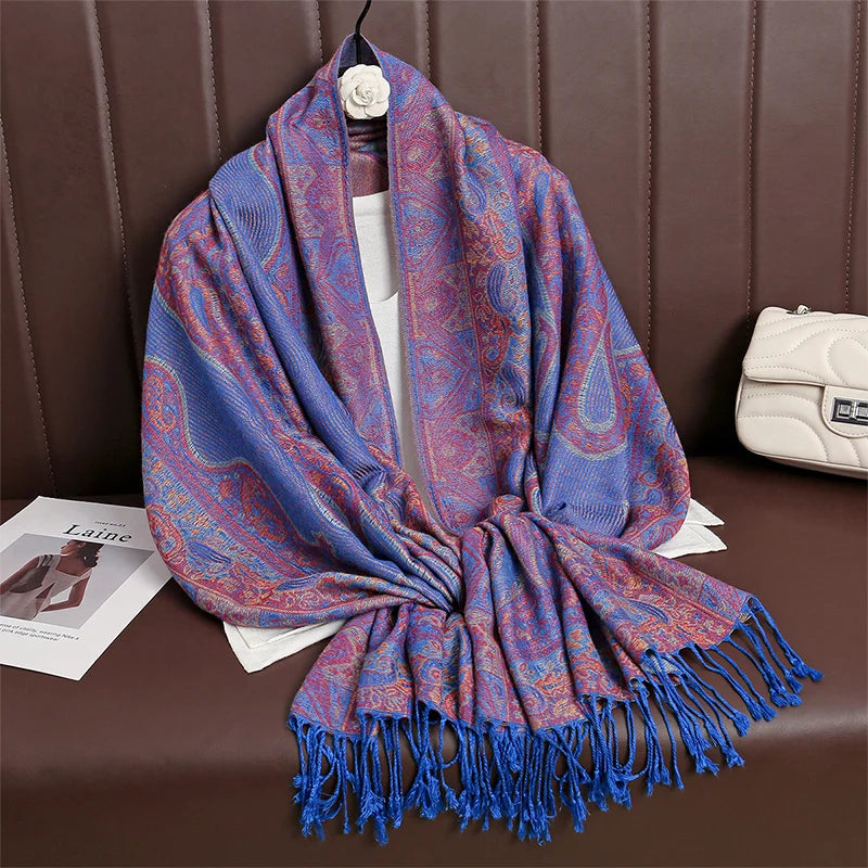 Women’s Paisley Cashmere-Feel Pashmina Shawl – Tassel Hijab Head Wrap & Winter Scarf 2025