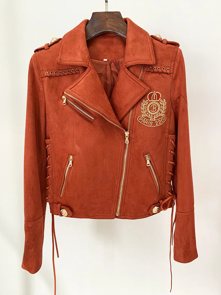 Women's 2024 F/W High Street Designer Biker Jacket – Faux Suede with Rope Lace-Up Detail, Beaded Logo & Edgy Motorcycle Style