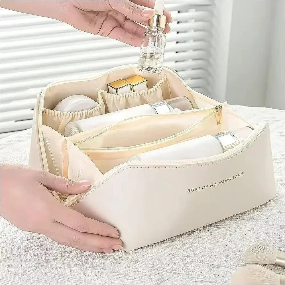 Large Travel Cosmetic Bag for Women – Leather Makeup Organizer & Toiletry Kit Pouch
