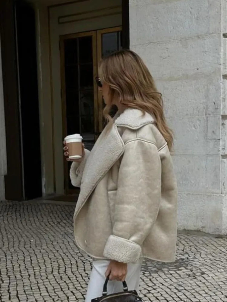 Double Sided Fur One Jacket Cotton Clothes Lamb Wool Coat Leather Jackets Women's Warm Loose Thick Lapel Fashion Casual Overcoat