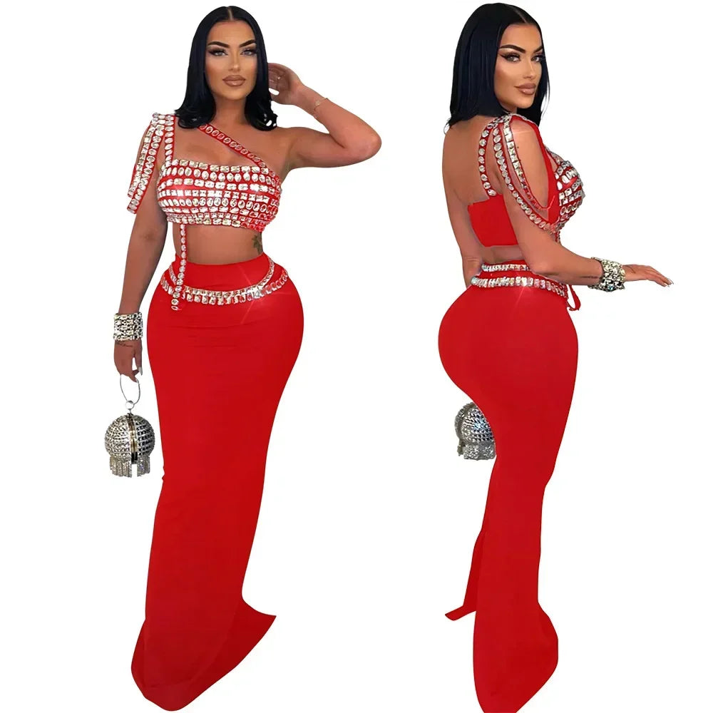 Women's Glam Two-Piece Dress Set – Diamond Camisole & Floor-Length Fitted Skirt | High Street Style for Evening & Party Nights