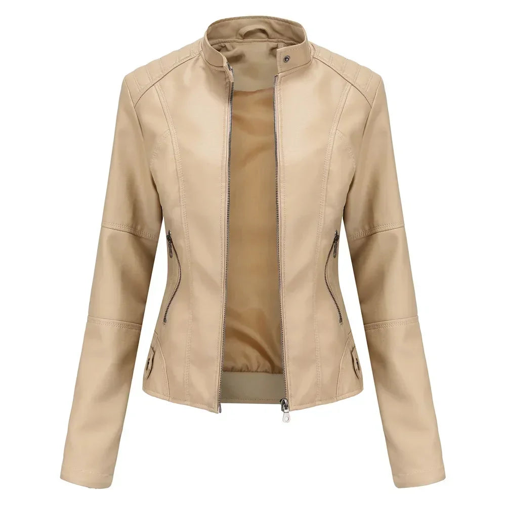 2025 Women’s Faux Leather Moto Jacket – Biker Style Zipper Coat for Spring & Autumn (Red, Brown, Black, Coffee, Blue, Purple, Apricot)