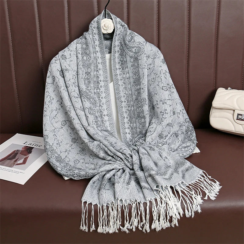 Women’s Paisley Cashmere-Feel Pashmina Shawl – Tassel Hijab Head Wrap & Winter Scarf 2025