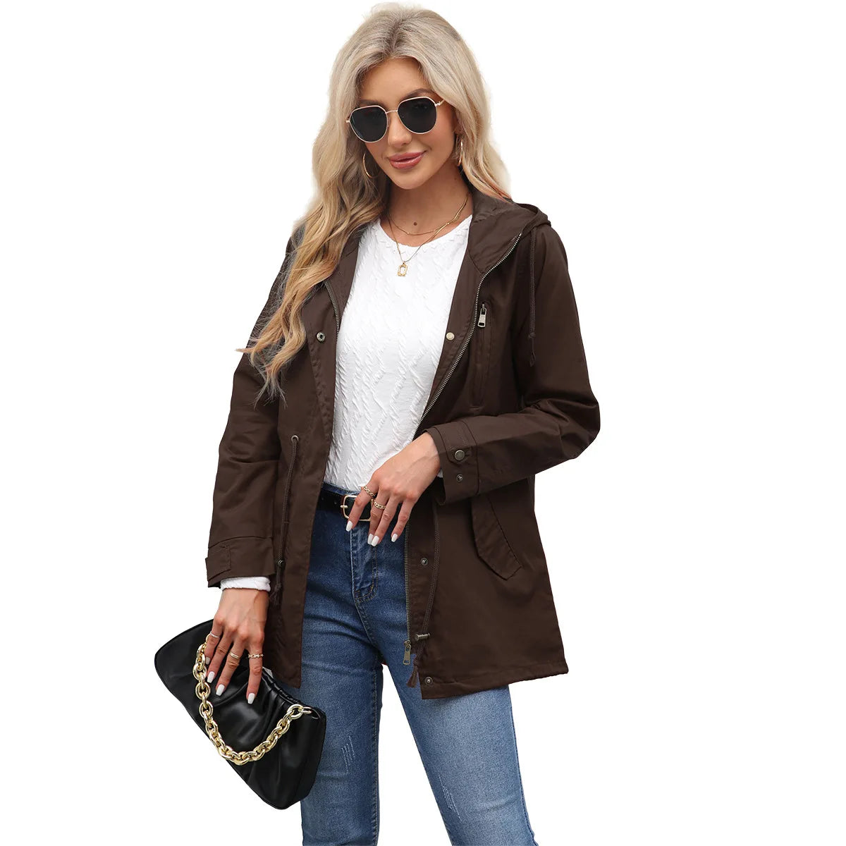 Burgundy Women Hooded Jacket, Green Long Sleeves Windproof Jackets