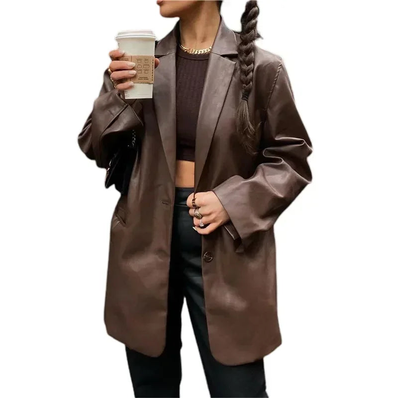 Women’s Vintage Faux Leather Blazer – Long Sleeve Streetwear Jacket with Flap Pockets