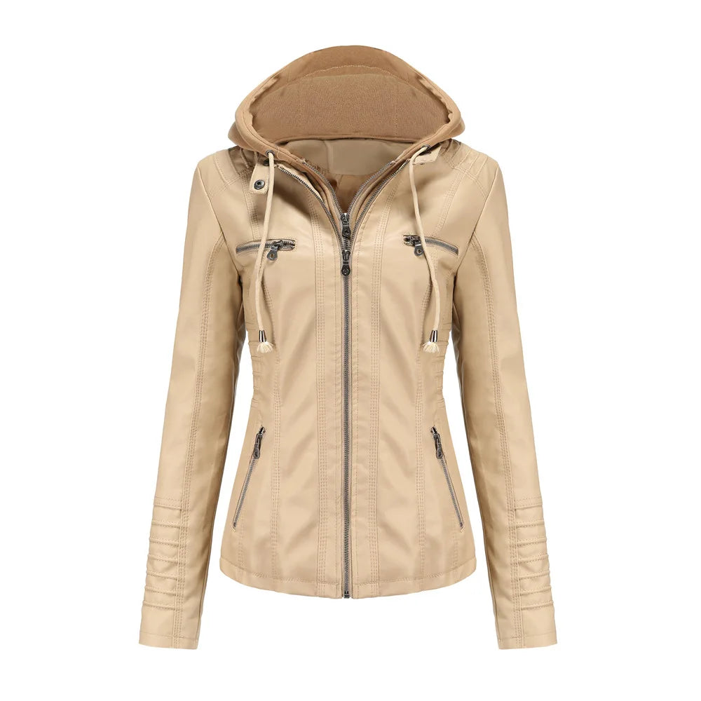 Women’s Oversized PU Leather Hoodie – Zipper Motorcycle Jacket for Spring & Autumn