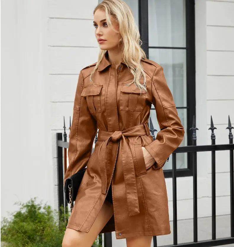 Red Long Waist Lace-up Leather Jacket Women's Long-sleeved Lapel PU Windbreaker Jacket Fashion Female Single-breasted Overcoat