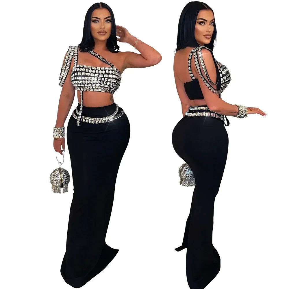 Women's Glam Two-Piece Dress Set – Diamond Camisole & Floor-Length Fitted Skirt | High Street Style for Evening & Party Nights