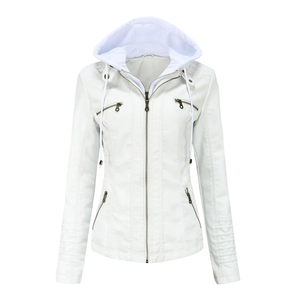 Women’s Oversized PU Leather Hoodie – Zipper Motorcycle Jacket for Spring & Autumn