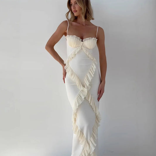 Women's Summer Dress Personalized Street Beige Head Strap Splicing Lace Dress Flounced Edge Elegant Evening Dress