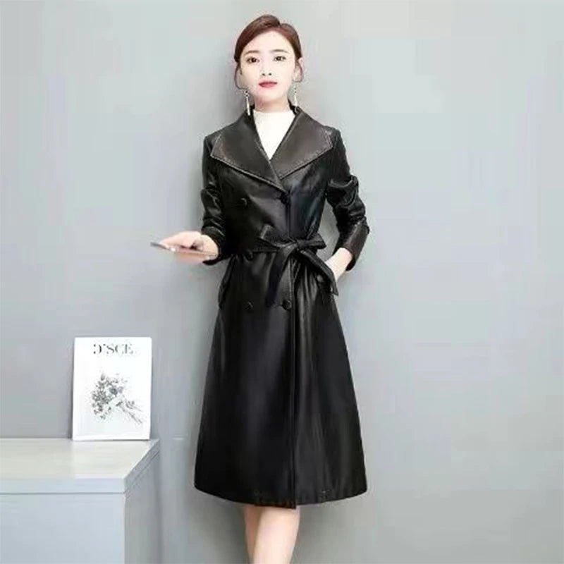 Lautaro Autumn Black Waterproof Pu Leather Trench Coat for Women Long Sleeve Belt Double Breasted Autumn Designer Fashion