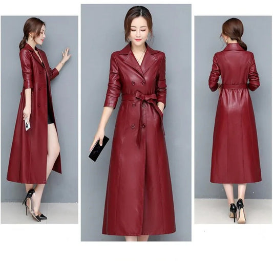 M–6XL Women’s Sheepskin Leather Long Coat – Double-Breasted Spring/Autumn Overcoat