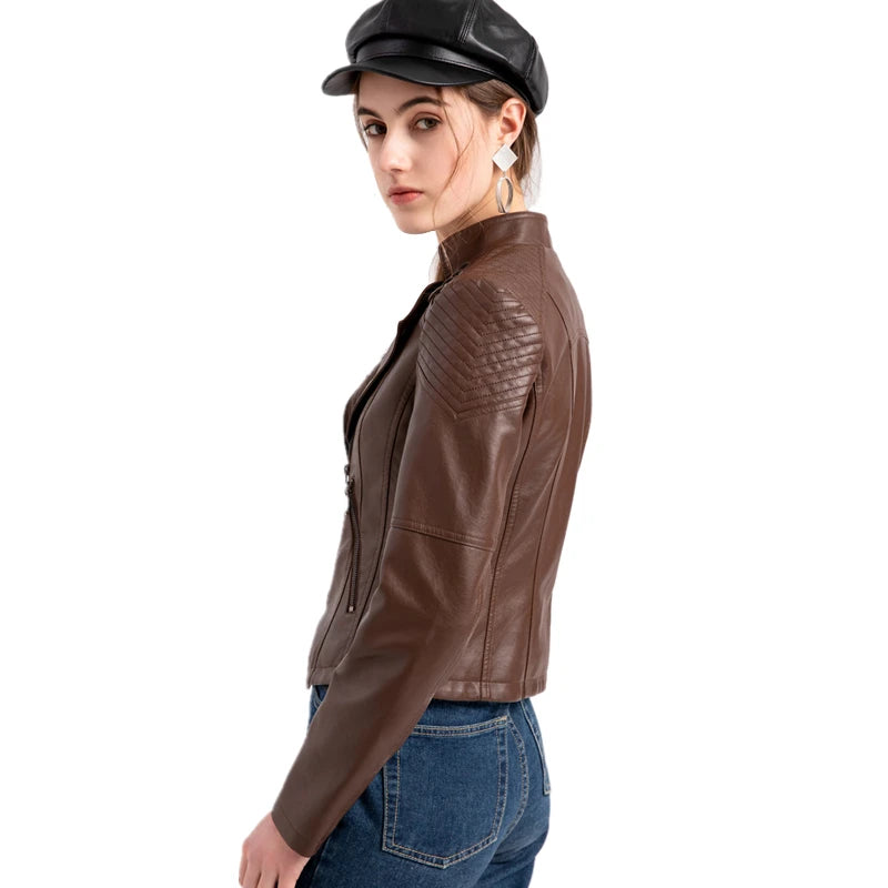 Women’s 12-Color PU Leather Jacket – Lapel Zip-Up Overcoat S–4XL