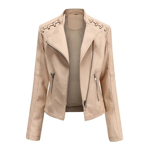 Women’s 12-Color PU Leather Jacket – Lapel Zip-Up Overcoat S–4XL