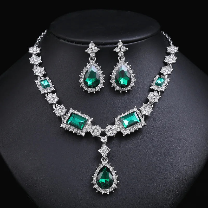 Wholesale Bridal Jewelry Set – Silver Plated Red, Green & Blue Crystal Rhinestone Drop Earrings & Luxury Wedding Necklace