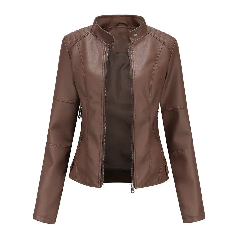 2025 Women’s Faux Leather Moto Jacket – Biker Style Zipper Coat for Spring & Autumn (Red, Brown, Black, Coffee, Blue, Purple, Apricot)