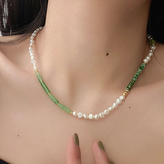 Natural Jade & Freshwater Pearl Necklace – Ethnic-Style Clavicle Chain with Ancient Wind Charm for Women