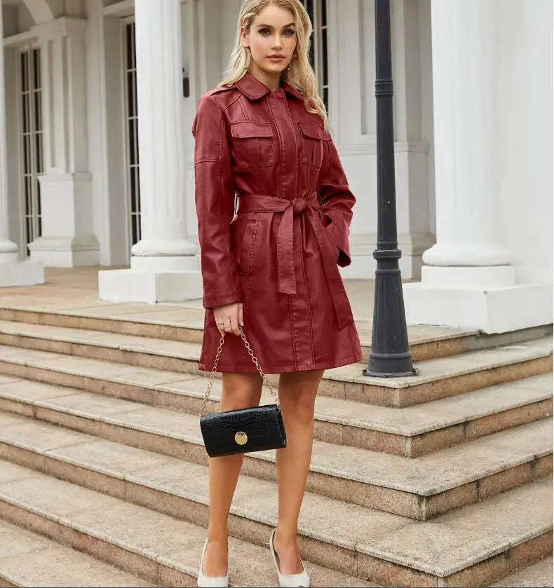 Red Long Waist Lace-up Leather Jacket Women's Long-sleeved Lapel PU Windbreaker Jacket Fashion Female Single-breasted Overcoat
