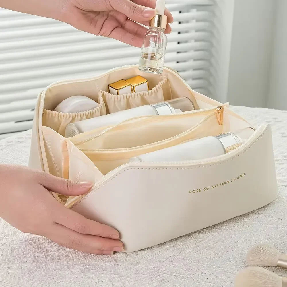 Large Travel Cosmetic Bag for Women – Leather Makeup Organizer & Toiletry Kit Pouch