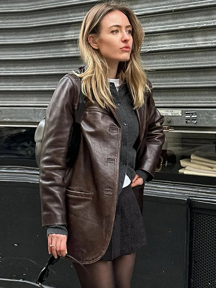 Brown Leather Blazer Jacket